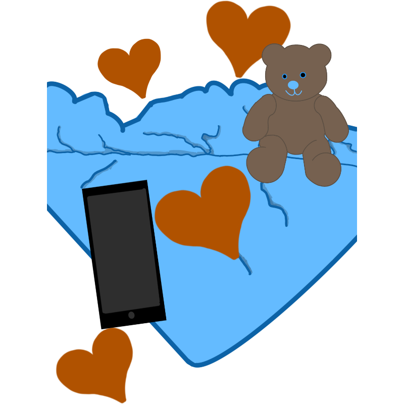  A light blue blanket, a teddy bear, and a phone. Around them are a few hearts or various sizes. The blanket is mostly scrunched up but one of the corners is flat. The teddy bear is sitting on some of the scrunched up blanket. Finally the phone is laying partially on the not scrunched up blanket corner